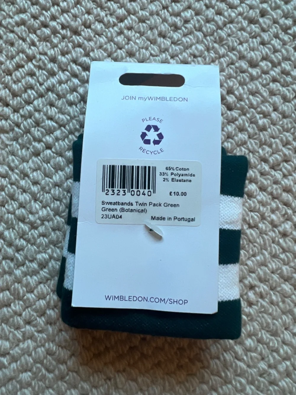 0029 Wimbledon sweatbands twin pack white/ green one size